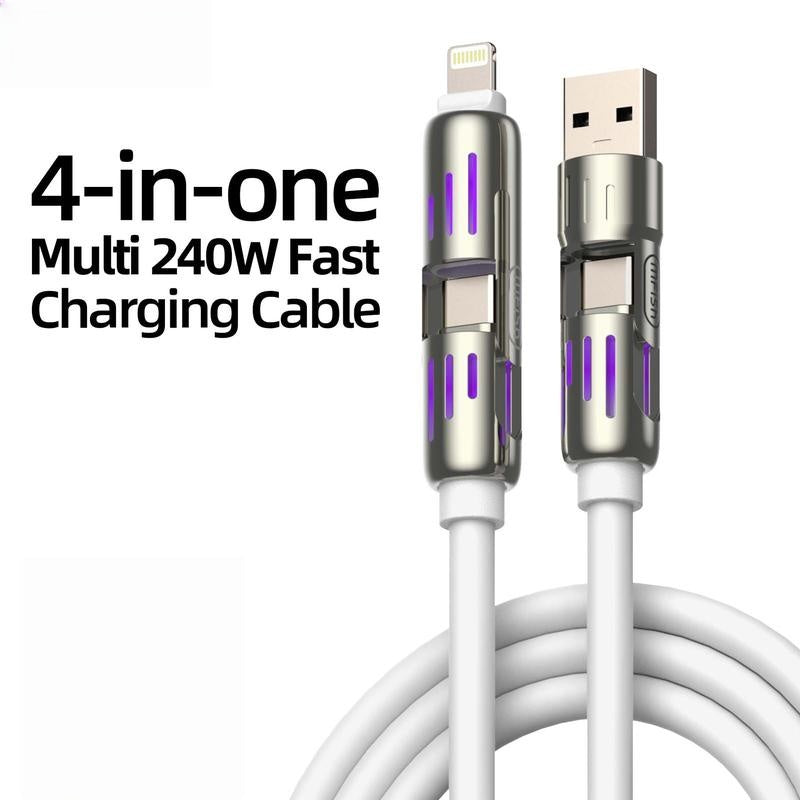 240W 4-in-1 USB-C Cable, PD 5A Fast Charging, Data Sync, USB-A, Type-C, Lightning, Aluminum, Compatible with iPhone 16/15, iPad, Samsung, Laptops