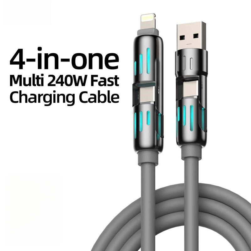 240W 4-in-1 USB-C Cable, PD 5A Fast Charging, Data Sync, USB-A, Type-C, Lightning, Aluminum, Compatible with iPhone 16/15, iPad, Samsung, Laptops