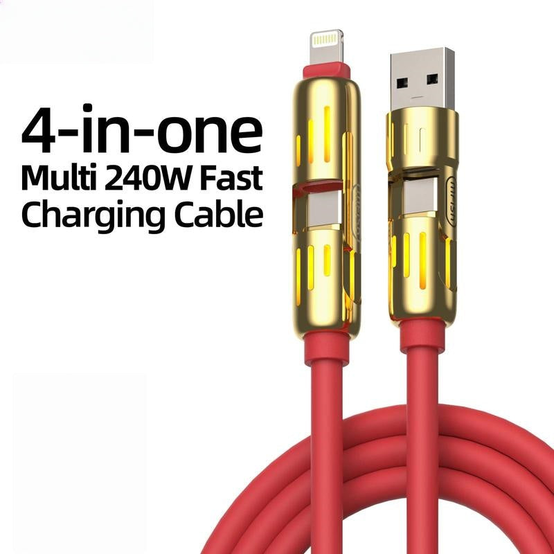 240W 4-in-1 USB-C Cable, PD 5A Fast Charging, Data Sync, USB-A, Type-C, Lightning, Aluminum, Compatible with iPhone 16/15, iPad, Samsung, Laptops