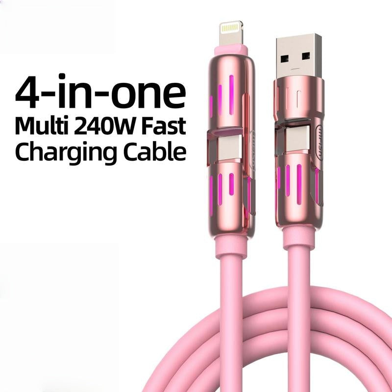 240W 4-in-1 USB-C Cable, PD 5A Fast Charging, Data Sync, USB-A, Type-C, Lightning, Aluminum, Compatible with iPhone 16/15, iPad, Samsung, Laptops