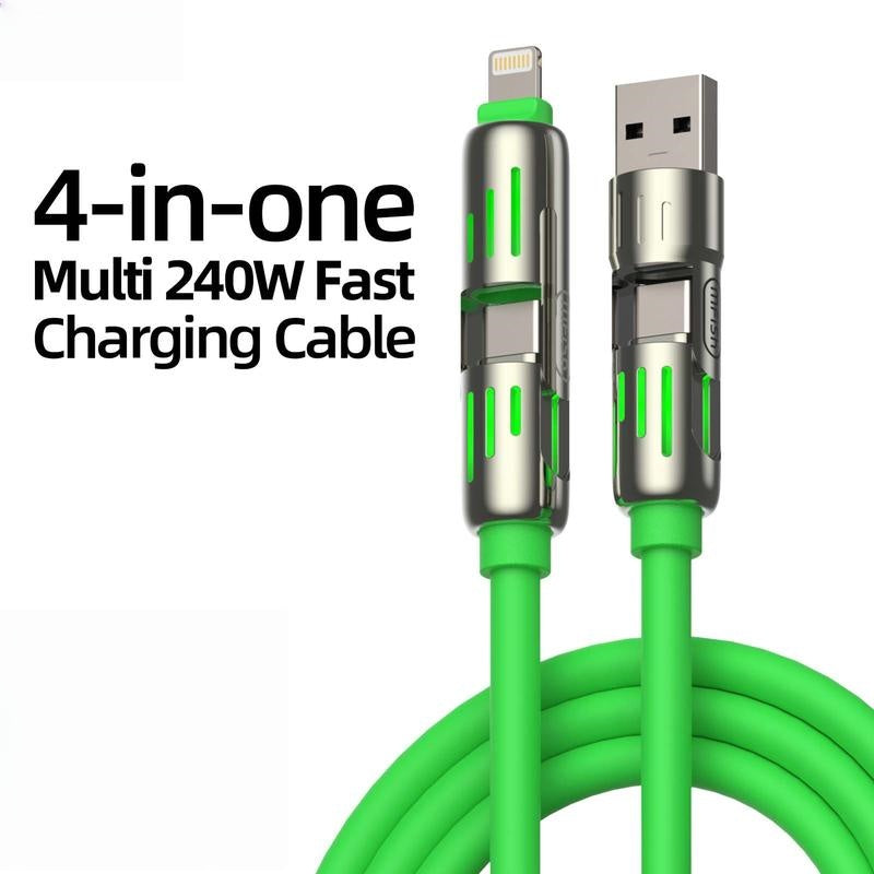 240W 4-in-1 USB-C Cable, PD 5A Fast Charging, Data Sync, USB-A, Type-C, Lightning, Aluminum, Compatible with iPhone 16/15, iPad, Samsung, Laptops