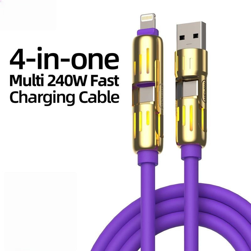 240W 4-in-1 USB-C Cable, PD 5A Fast Charging, Data Sync, USB-A, Type-C, Lightning, Aluminum, Compatible with iPhone 16/15, iPad, Samsung, Laptops